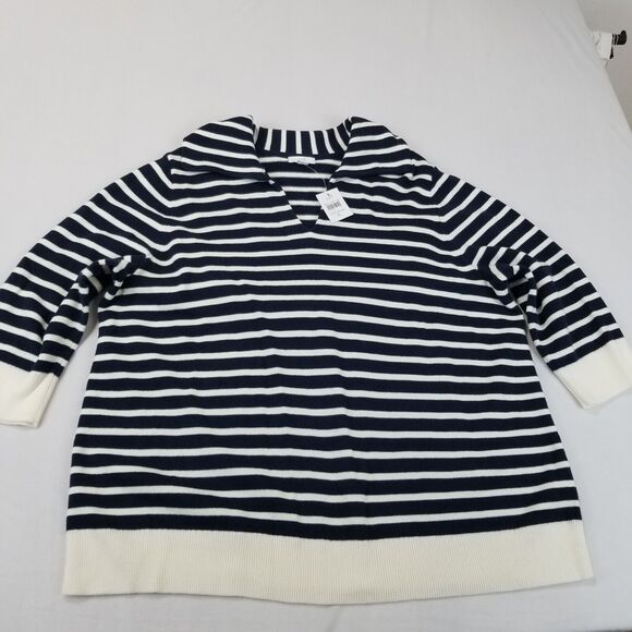 J Jill Top XL Knit Collared Pullover Sweater Striped Navy V Neck Nautical NWT - Picture 7 of 14